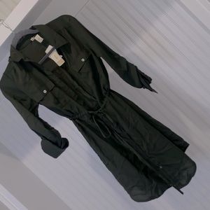 X-Small Military Green Utility Style Sheer Collared Belted Button Up Dress